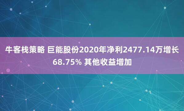 牛客栈策略 巨能股份2020年净利2477.14万增长68.75% 其他收益增加